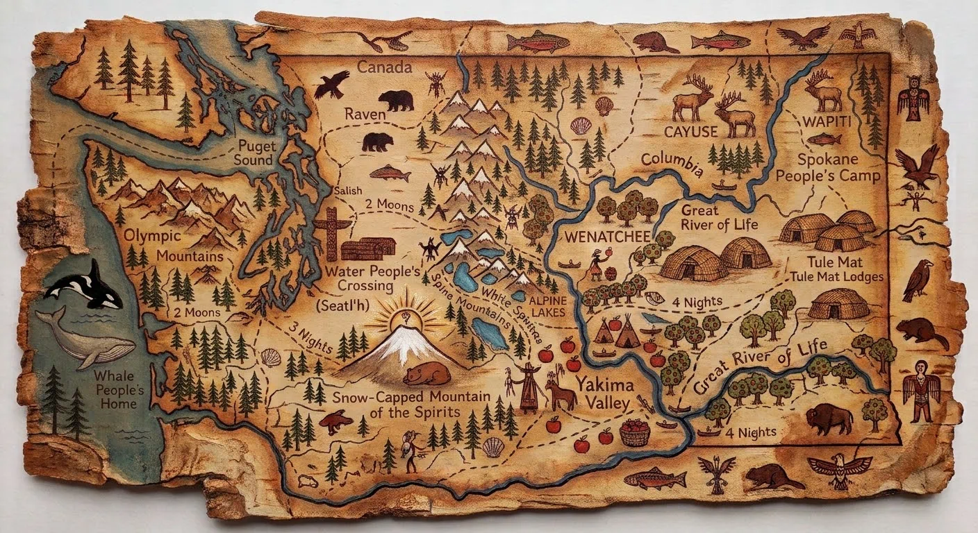 Illustrated map of Washington State with mountains, rivers, orchards and Native lands